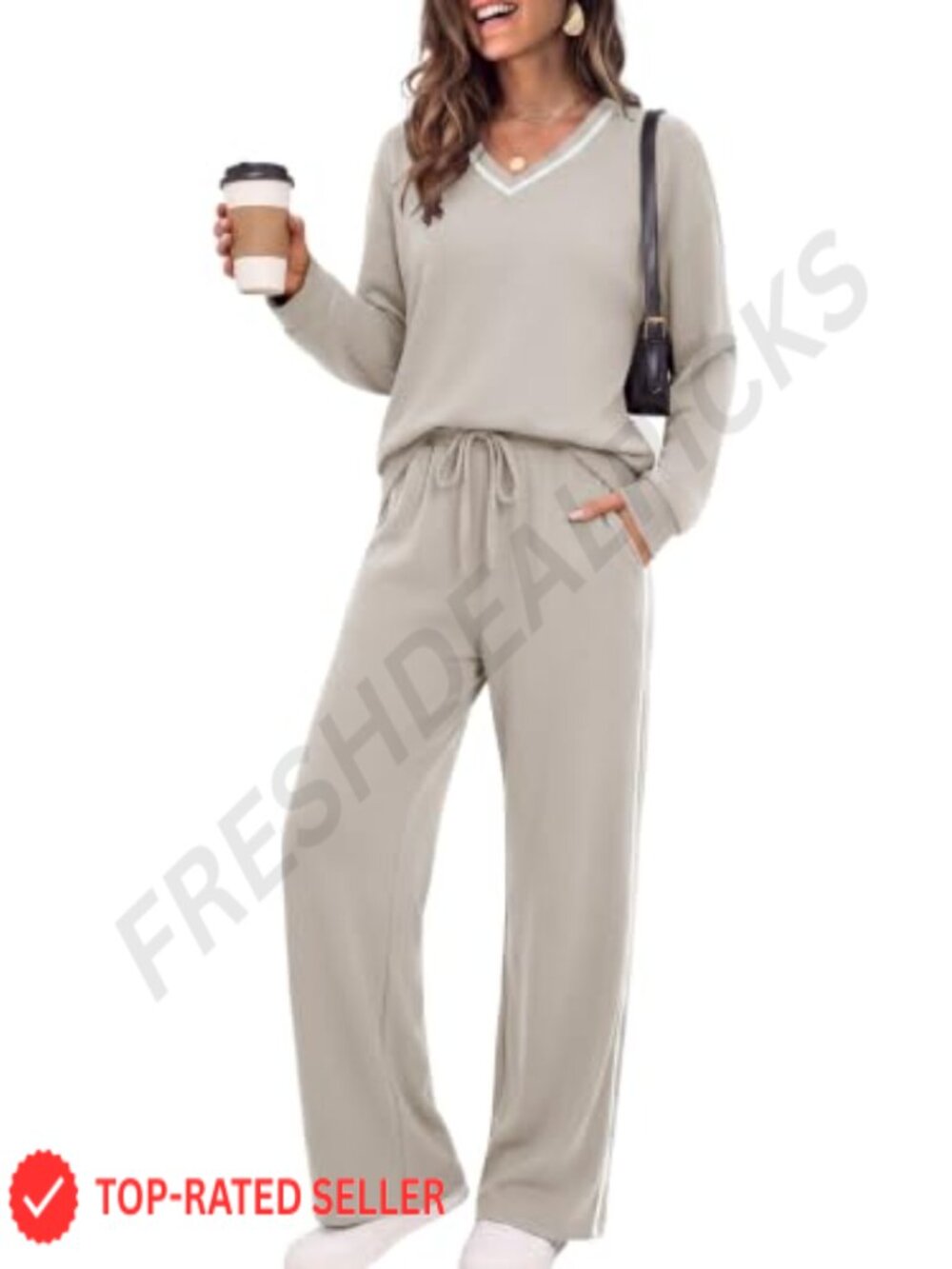 Womens 2 Piece Sweatsuit Lounge Set Striped V Neck Wide Leg